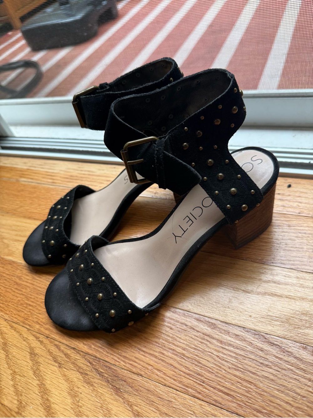 Sole Society Black Studded Ankle-Strap Block Sandals
